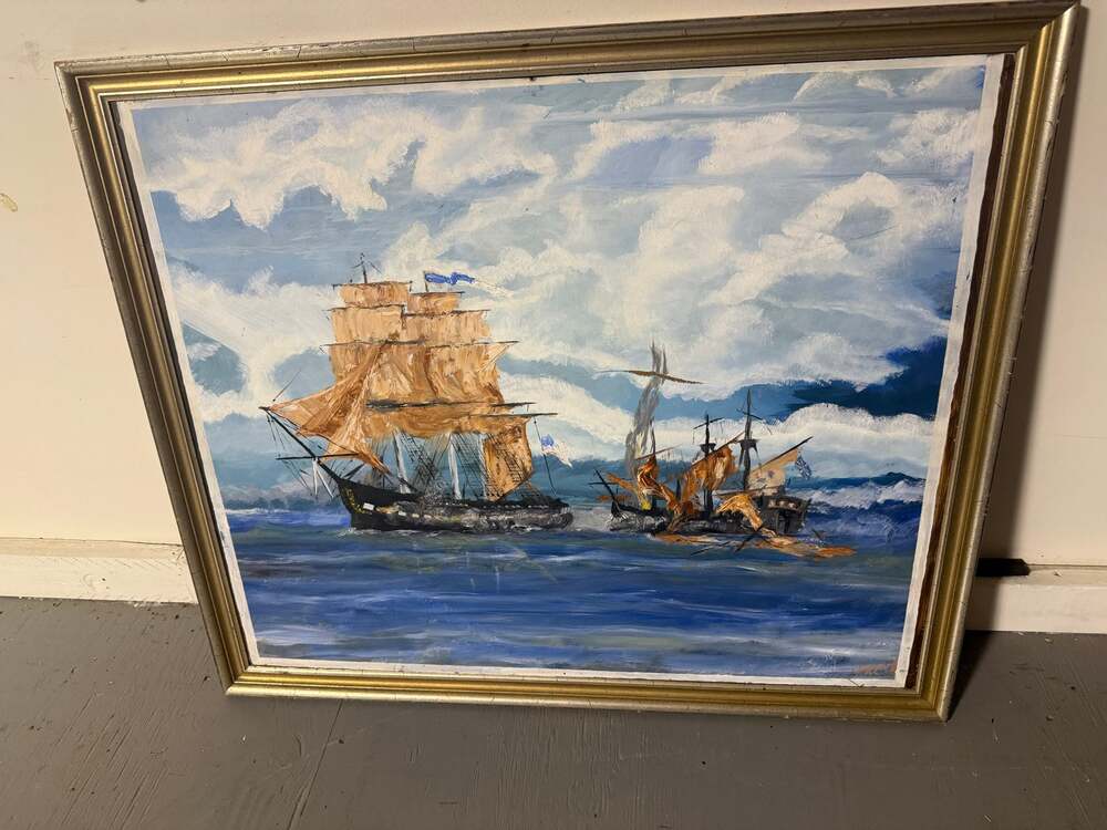 Signed Oil Painting by Fredrik Arthur Krug Two Sailing Ships at Sea Cloudy Sky
